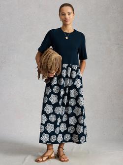 White Stuff Shay Short Sleeve Midi Dress, Navy/White, Navy/White