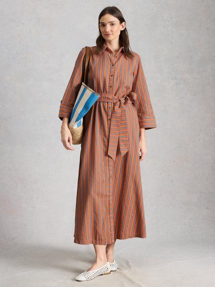 White Stuff Soma Striped Maxi Shirt Dress, Orange/Multi - view 2, Orange/Multi