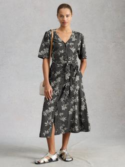White Stuff Val Linen Rich Leaf Print Dress, Black/White, Black/White