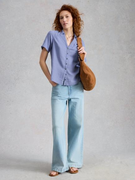 White Stuff Annie Short Sleeve V-Neck Shirt, Blue, Blue