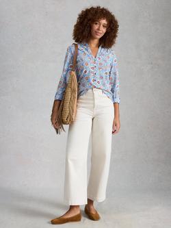 White Stuff Annie Floral Long Sleeve V-Neck Shirt, Blue/Multi, Blue/Multi