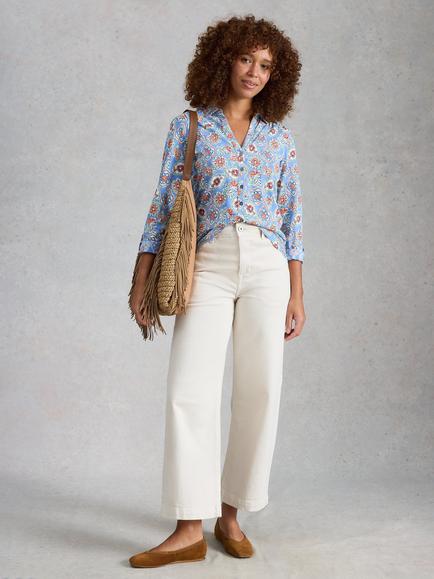 White Stuff Annie Floral Long Sleeve V-Neck Shirt, Blue/Multi, Blue/Multi