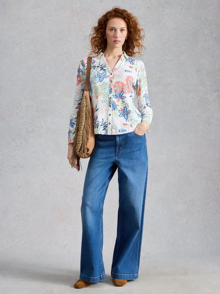 White Stuff Annie Floral Long Sleeve Shirt, White/Multi, White/Multi