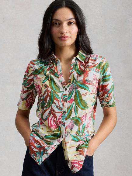 White Stuff Annie Leaves Jersey Shirt, White/Multi, White/Multi