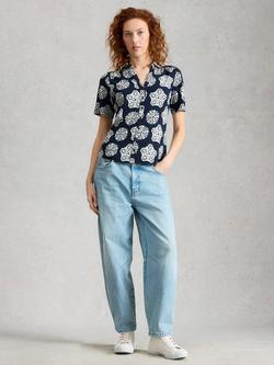 White Stuff Annie Abstract Print Short Sleeve V-Neck Shirt, Navy/White, Navy/White