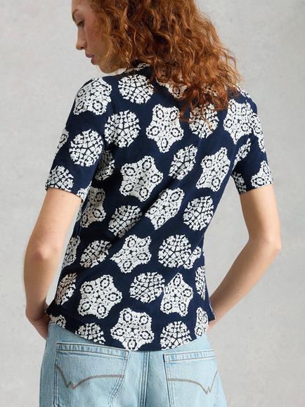 White Stuff Annie Abstract Print Short Sleeve V-Neck Shirt, Navy/White - view 2, Navy/White