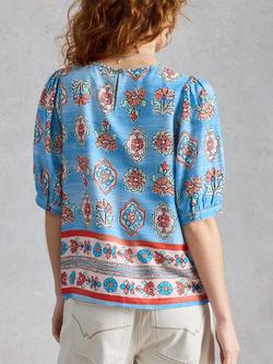 White Stuff Alexa Abstract Floral Top containing LENZING™ ECOVERO™ Viscose, Blue/Multi - view 2, Blue/Multi