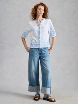 White Stuff Lizzie Embroidered Top, White/Blue, White/Blue