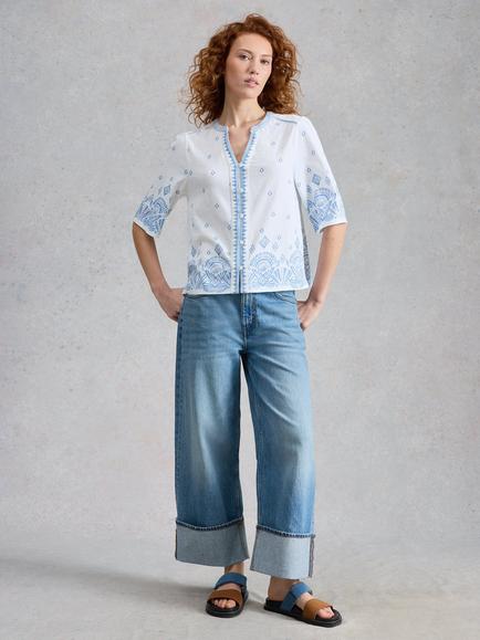 White Stuff Lizzie Embroidered Top, White/Blue, White/Blue