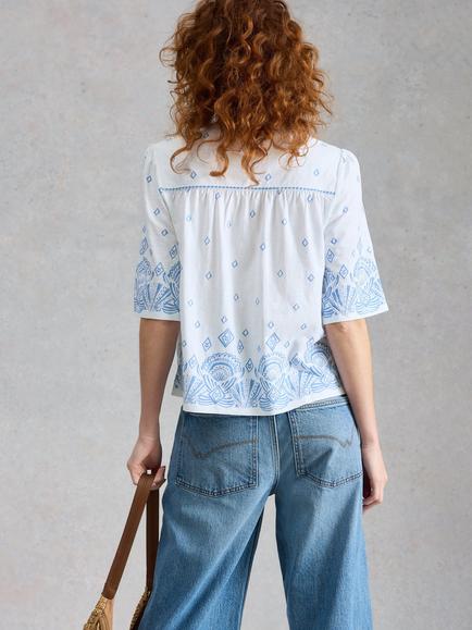 White Stuff Lizzie Embroidered Top, White/Blue - view 2, White/Blue