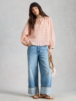 White Stuff Lana Abstract Puff Sleeve Shirt, Pink/Multi, Pink/Multi