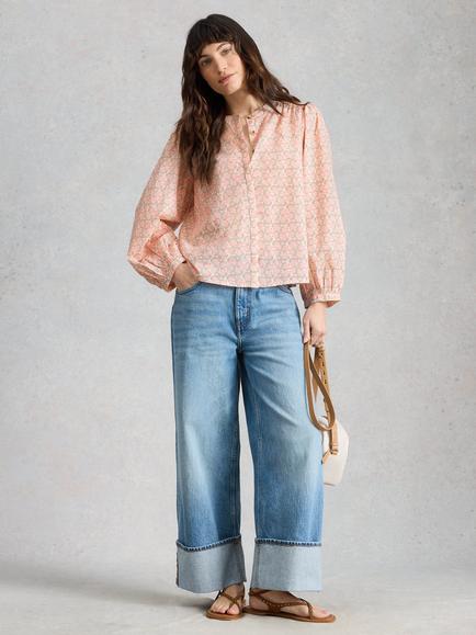 White Stuff Lana Abstract Puff Sleeve Shirt, Pink/Multi, Pink/Multi