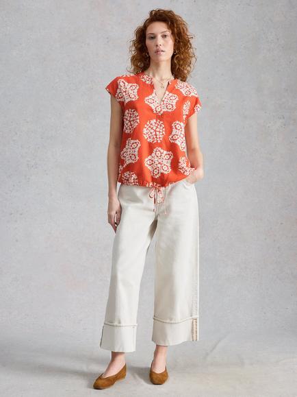 White Stuff Nicole Abstract Linen Rich Top containing LENZING™ ECOVERO™ Viscose, Red/Multi, Red/Multi
