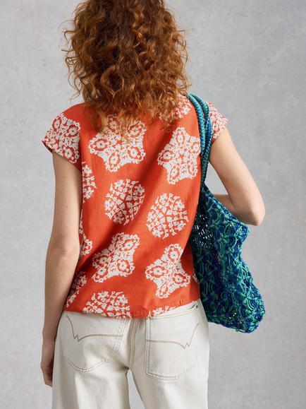 White Stuff Nicole Abstract Linen Rich Top containing LENZING™ ECOVERO™ Viscose, Red/Multi - view 2, Red/Multi
