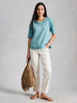White Stuff Weaver Broderie Textured T-Shirt, Teal/White, Teal/White
