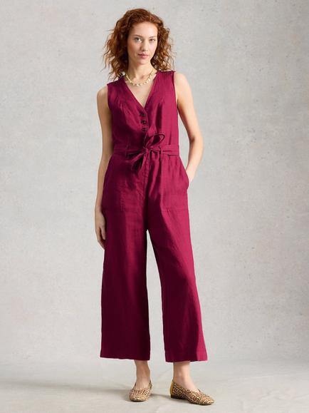 White Stuff Betty Linen Jumpsuit, Dark Pink, Dark Pink