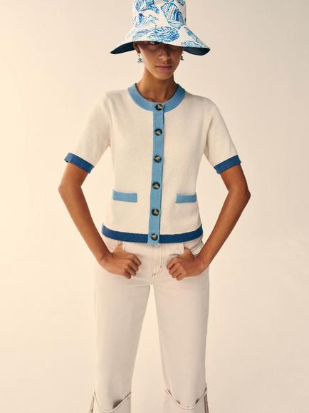 White Stuff Charlotte Short Sleeve Cardigan, Ivory/Blue, Ivory/Blue