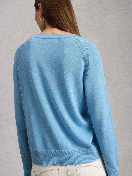 White Stuff Lulu Crew Neck Fine Knit Cardigan, Blue - view 2, Blue