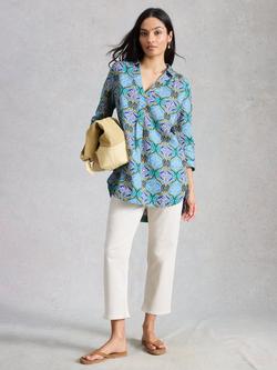 White Stuff Bianca Linen Abstract Tunic Top, Blue/Multi, Blue/Multi