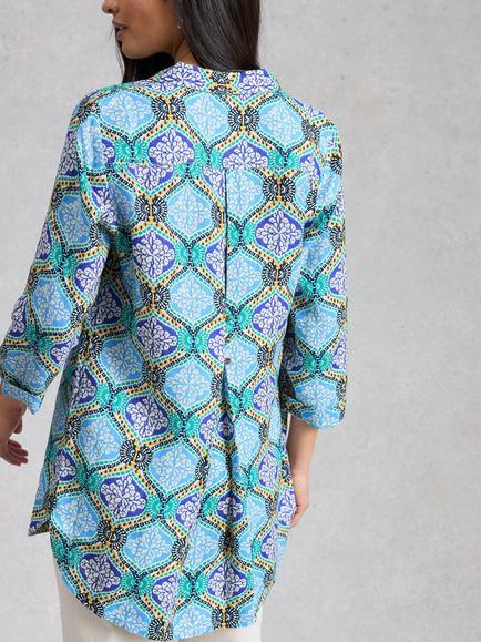 White Stuff Bianca Linen Abstract Tunic Top, Blue/Multi - view 2, Blue/Multi