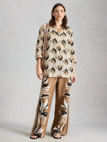 White Stuff Bianca Linen Abstract Tunic Top, Ivory/Multi, Ivory/Multi
