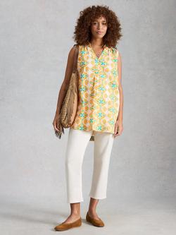 White Stuff Bianca Abstract Floral Pure Linen Tunic Top, Yellow/Multi, Yellow/Multi