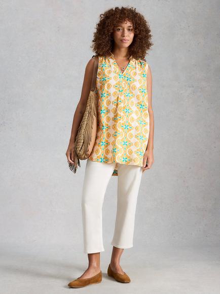 White Stuff Bianca Abstract Floral Pure Linen Tunic Top, Yellow/Multi, Yellow/Multi