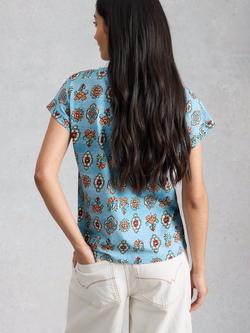 White Stuff Nelly Notch Neck Abstract Floral T-Shirt, Blue - view 2, Blue