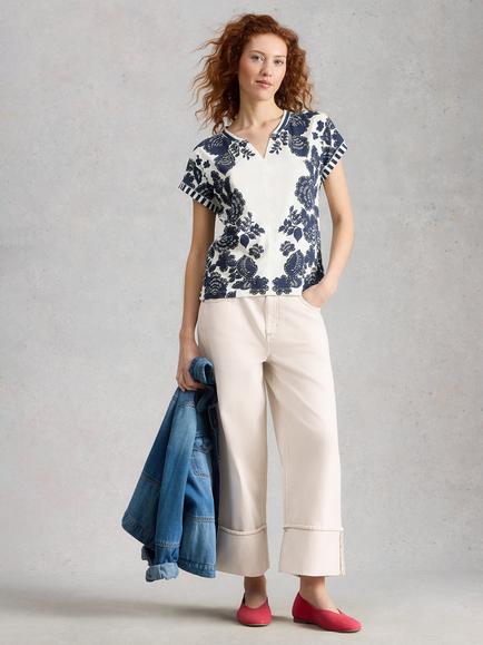 White Stuff Nelly Notch Neck Floral T-Shirt, Navy/Multi, Navy/Multi