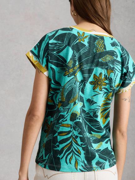White Stuff Nelly Notch Neck Leaf Print T-Shirt, Teal/Multi - view 2, Teal/Multi