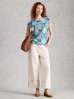 White Stuff Rowan Abstract Linen T-Shirt, Blue/Multi, Blue/Multi