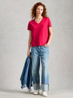 White Stuff Susie V-Neck Linen T-Shirt, Dark Pink, Dark Pink