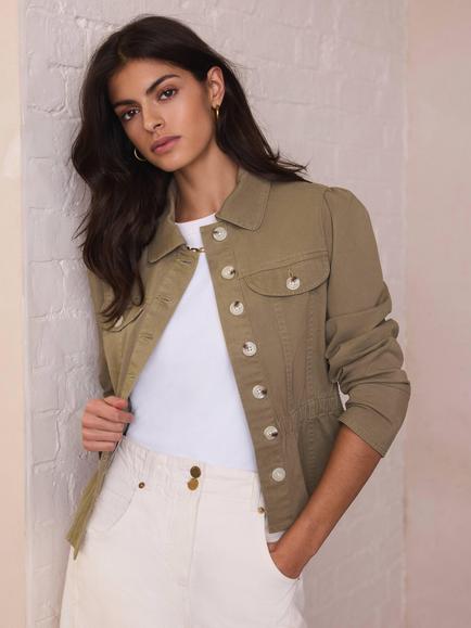 Mint Velvet Puff Shoulder Peplum Hem Jacket, Green Khaki, Green Khaki