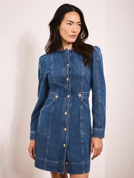 Mint Velvet Denim Puff Sleeve Mini Dress, Blue, Blue