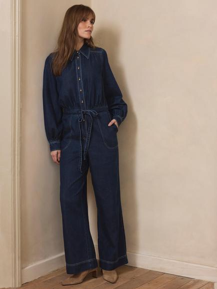 Mint Velvet Cinched Waist Denim Jumpsuit, Blue Navy, Blue Navy