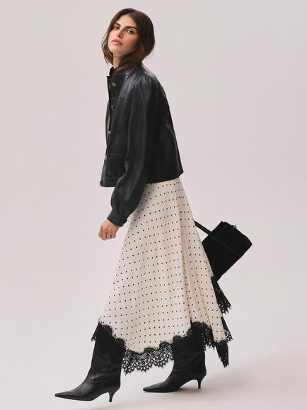 Mint Velvet Polka Dot Lace Trim Midi Skirt, Natural Cream, Natural Cream