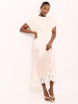 Mint Velvet Lace Trim Satin Midi Skirt, Pink Light, Pink Light