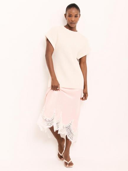Mint Velvet Lace Trim Satin Midi Skirt, Pink Light - view 2, Pink Light