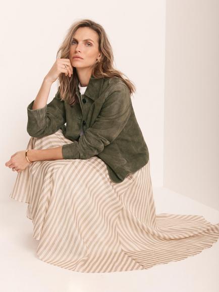 Mint Velvet A-Line Stripe Midi Skirt - view 2, Green Khaki