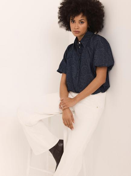 Mint Velvet Paisley Denim Shirt, Blue Navy - view 2, Blue Navy