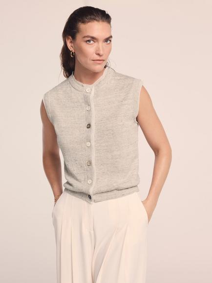 Mint Velvet Layered Trim Linen Rich Sleeveless Top, Natural - view 2, Natural