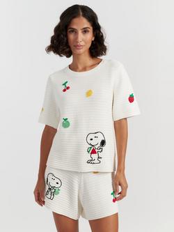 Chinti & Parker Peanuts Snoopy Embroidered Crochet Cotton Lounge T-Shirt, Cream/Multi