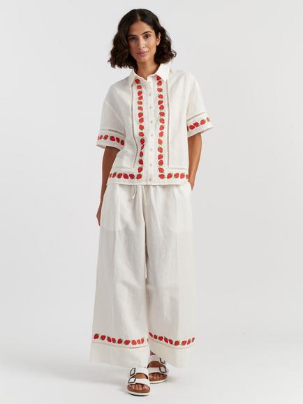 Chinti & Parker Linen Blend Strawberry Border Trousers, Cream, Cream