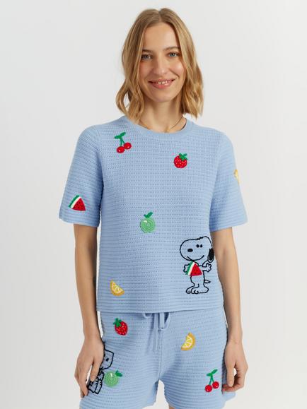Chinti & Parker Peanuts Snoopy Embroidered Crochet Cotton Lounge T-Shirt, Light Blue/Multi