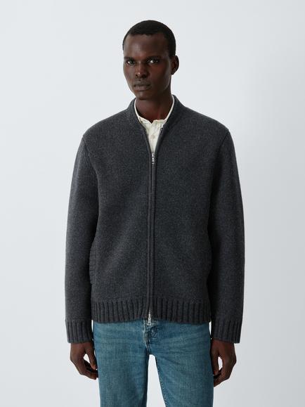 John Lewis Merino Wool Cashmere Blend Bomber Cardigan, Charcoal, Charcoal