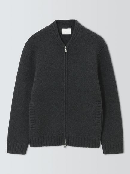 John Lewis Merino Wool Cashmere Blend Bomber Cardigan, Charcoal, Charcoal