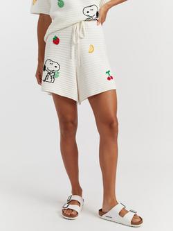 Chinti & Parker Peanuts Snoopy Embroidered Crochet Cotton Lounge Shorts, Cream/Multi