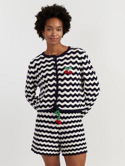 Chinti & Parker Cherry Crochet Stripe Cardigan, Navy/Cream, Navy/Cream