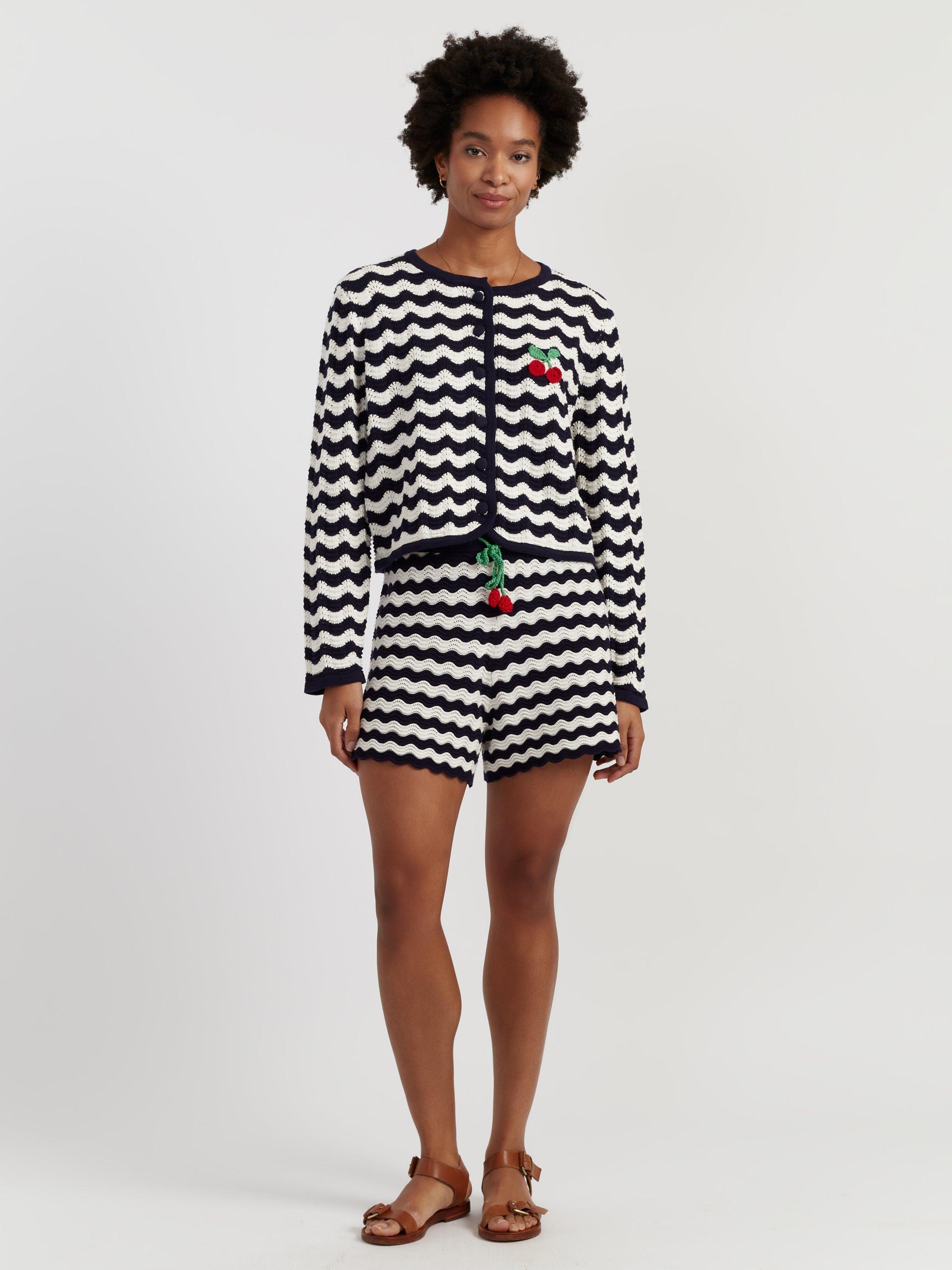 Chinti & Parker Cherry Crochet Stripe Cardigan, Navy/Cream