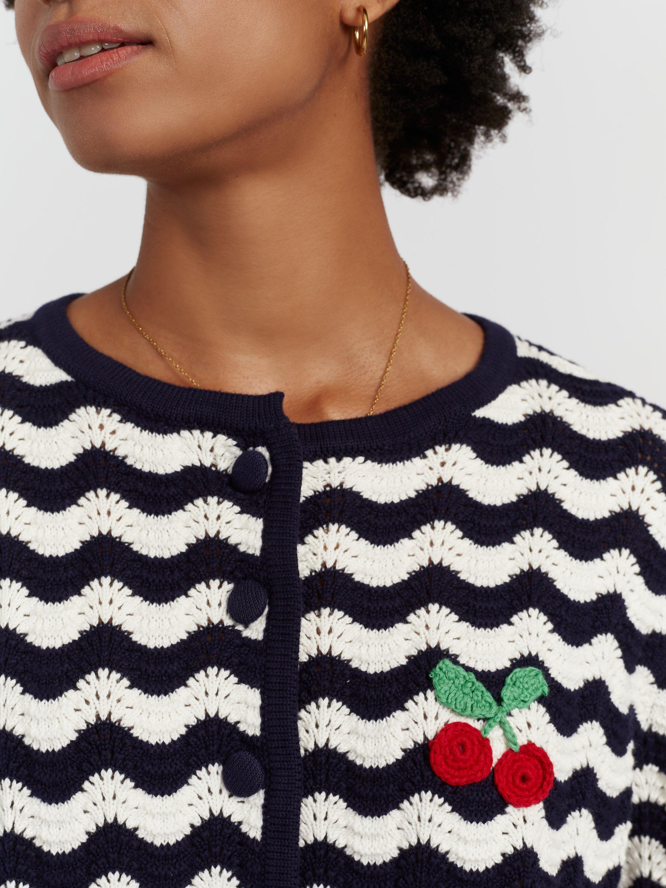 Chinti & Parker Cherry Crochet Stripe Cardigan, Navy/Cream